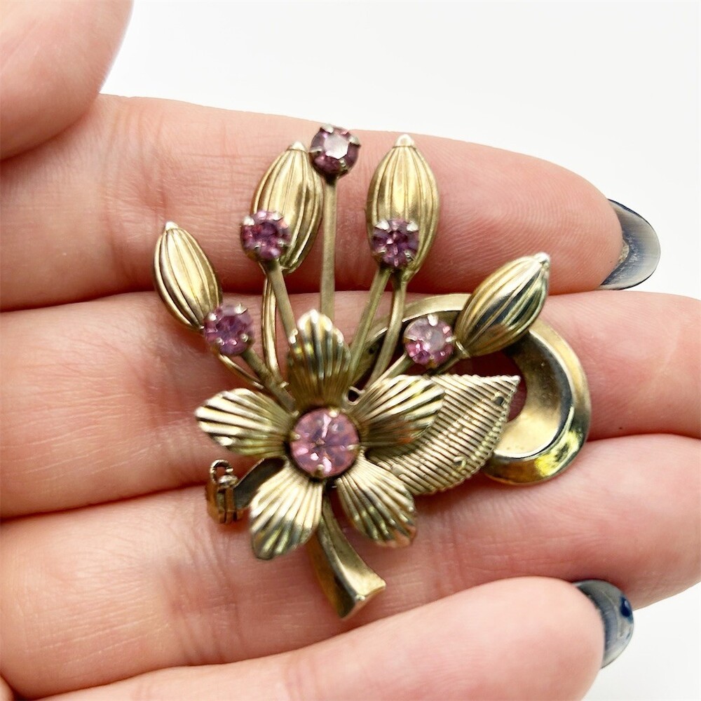 Vintage Pink Rhinestone Floral Spray Bouquet Brooch Gold Tone Flower Pin